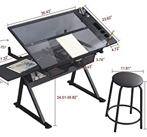 Lambgier Glass Craft Table Drawing Desk – Drafting Tables Hobby Table Writing Studio Art Artist Desk with Adjustable Tilted Tabletop (Black)