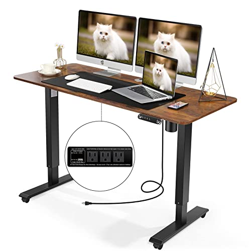 Electric Standing Desk, 55 x 24 inch Adjustable Height Stand Up Desk with 2 USB Ports & 3 Power Outlets, and 6.5 ft Power Cord, Office Desk with 27''-45'' Lifting Range, Oversized Mouse Pad, Brown