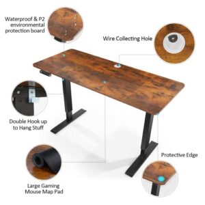 Electric Standing Desk, 55 x 24 inch Adjustable Height Stand Up Desk with 2 USB Ports & 3 Power Outlets, and 6.5 ft Power Cord, Office Desk with 27''-45'' Lifting Range, Oversized Mouse Pad, Brown