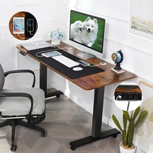 Electric Standing Desk, 55 x 24 inch Adjustable Height Stand Up Desk with 2 USB Ports & 3 Power Outlets, and 6.5 ft Power Cord, Office Desk with 27''-45'' Lifting Range, Oversized Mouse Pad, Brown