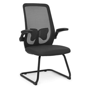 monibloom office guest chair without wheels, executive reception chair with lumbar support and sled base, mid-back mesh task chair with flip-up arms for reception conference wait room, 250 lbs, black