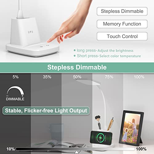 GOLSPARK Desk Lamp with Wireless Charger, Eye-Caring LED Desk Lamps for Home Office, Touch White Small Desk Light Dimming 3 Colors, 800LM, Gooseneck Study Lamp with Pen Holder for College Dorm Room