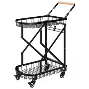 multi functional collapsible carts, 2-tier foldable for easy storage and 360 degree swivel wheels folding trolley, shopping cart with storage basket