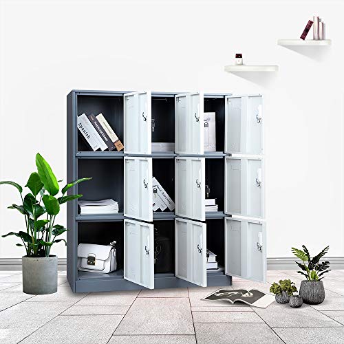 WISUNO 9 Doors Metal Storage Cabinet with Card Slot, Organizer,Shoes and Bags Steel Locker for Office, Home, Bank, School, Gym (Gray)