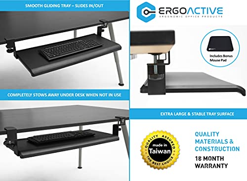 ErgoActive Extra Wide Under Desk Keyboard Tray with Clamp On Easy Installation, Fits Full Size Keyboard and Mouse, Office, Home, School, Gaming Keyboard Tray (32" x 12.2")