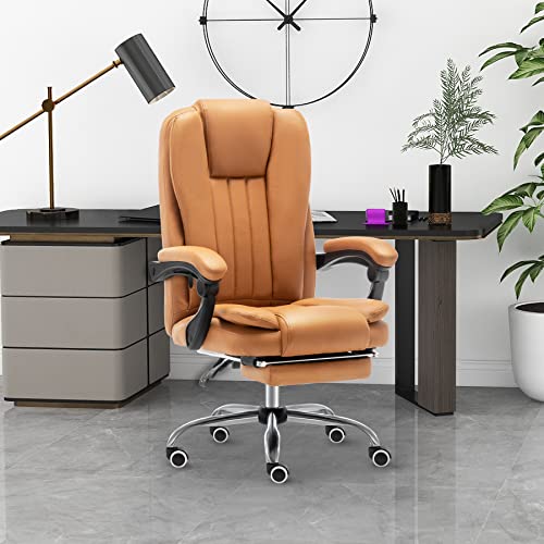 Erinnyees Executive Office Chair, PU Ergonomic Chair with Footrest and Linkage Armrests, 90°-155° Reclining Office Chair, 360° Swivel Computer Desk Chair with Back Support, Brown