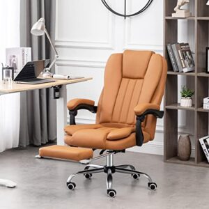 Erinnyees Executive Office Chair, PU Ergonomic Chair with Footrest and Linkage Armrests, 90°-155° Reclining Office Chair, 360° Swivel Computer Desk Chair with Back Support, Brown