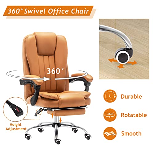 Erinnyees Executive Office Chair, PU Ergonomic Chair with Footrest and Linkage Armrests, 90°-155° Reclining Office Chair, 360° Swivel Computer Desk Chair with Back Support, Brown