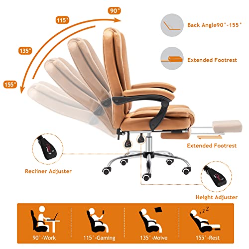 Erinnyees Executive Office Chair, PU Ergonomic Chair with Footrest and Linkage Armrests, 90°-155° Reclining Office Chair, 360° Swivel Computer Desk Chair with Back Support, Brown
