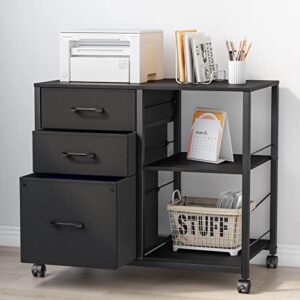 Raybee 3 Drawer Filing Cabinet for Home Office Mobile Lateral Office File Cabinets Rolling Printer Stand Fits for A4 / Letter/Legal,26.6" H x 29.7" W x 16.9" D Black