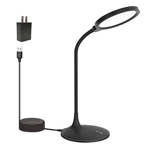 LED Desk Lamp for Home Office, Eye-Caring Table Lamp, 3 Color Modes with 10 Brightness Levels, Dimmable Lamp with Adapter, Touch-Sensitive Control, 360°Adjustable Gooseneck, 3500-5500K 10W. (Black)