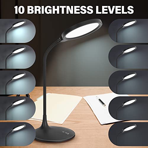 LED Desk Lamp for Home Office, Eye-Caring Table Lamp, 3 Color Modes with 10 Brightness Levels, Dimmable Lamp with Adapter, Touch-Sensitive Control, 360°Adjustable Gooseneck, 3500-5500K 10W. (Black)