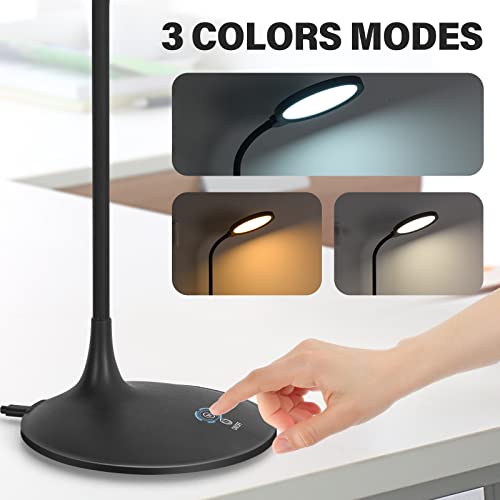 LED Desk Lamp for Home Office, Eye-Caring Table Lamp, 3 Color Modes with 10 Brightness Levels, Dimmable Lamp with Adapter, Touch-Sensitive Control, 360°Adjustable Gooseneck, 3500-5500K 10W. (Black)