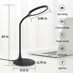 LED Desk Lamp for Home Office, Eye-Caring Table Lamp, 3 Color Modes with 10 Brightness Levels, Dimmable Lamp with Adapter, Touch-Sensitive Control, 360°Adjustable Gooseneck, 3500-5500K 10W. (Black)