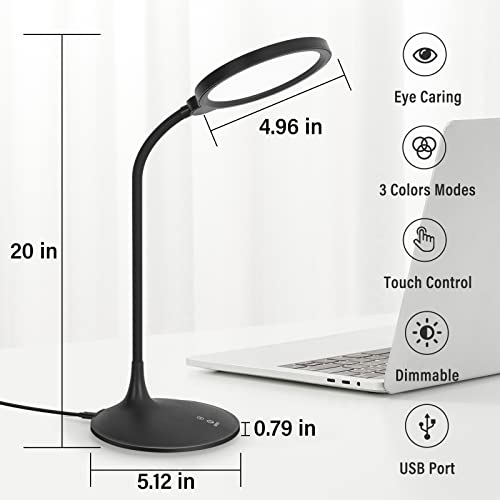 LED Desk Lamp for Home Office, Eye-Caring Table Lamp, 3 Color Modes with 10 Brightness Levels, Dimmable Lamp with Adapter, Touch-Sensitive Control, 360°Adjustable Gooseneck, 3500-5500K 10W. (Black)
