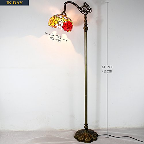 WERFACTORY Tiffany Floor Lamp Red Rose Flower Stained Glass Arched Lamp 10X18X64 Inches Gooseneck Adjustable Corner Standing Reading Light Decor Bedroom Living Room S001 Series