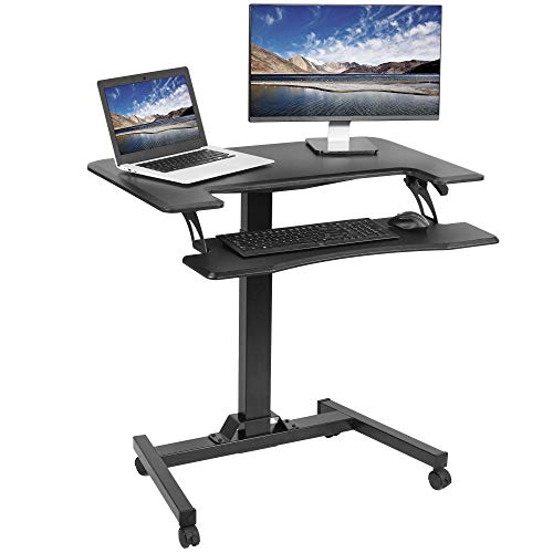 VIVO Black Pneumatic Mobile 36 inch Height Adjustable Two Platform Standing Desk with Wheels, Dual Tiered Rolling Small Space Workstation, DESK-V111GT