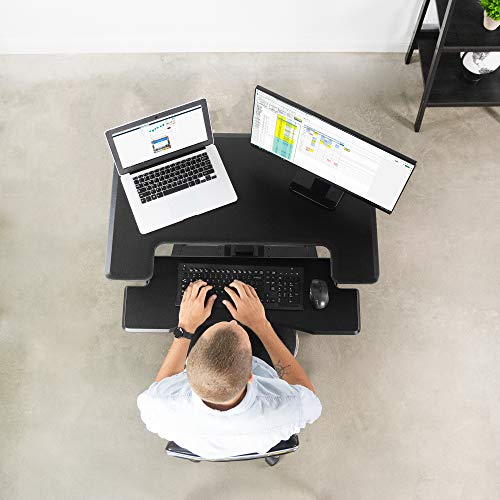 VIVO Black Pneumatic Mobile 36 inch Height Adjustable Two Platform Standing Desk with Wheels, Dual Tiered Rolling Small Space Workstation, DESK-V111GT