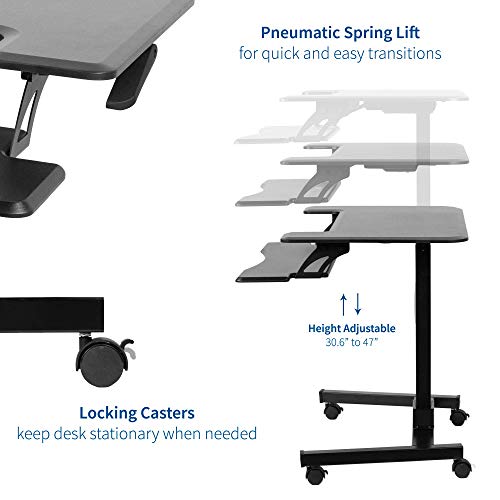 VIVO Black Pneumatic Mobile 36 inch Height Adjustable Two Platform Standing Desk with Wheels, Dual Tiered Rolling Small Space Workstation, DESK-V111GT