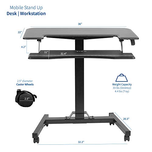 VIVO Black Pneumatic Mobile 36 inch Height Adjustable Two Platform Standing Desk with Wheels, Dual Tiered Rolling Small Space Workstation, DESK-V111GT