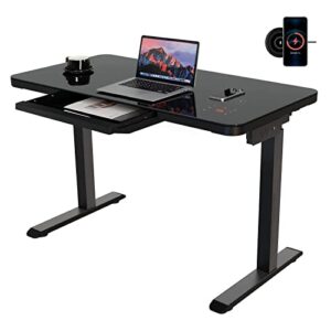 aimezo standing desk with drawer ergonomic tempered glass electric sit-stand height adjustable computer workstation,with touchscreen controller&wireless charging &usb port, and power strip
