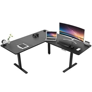 vivo electric height adjustable 77 x 71 inch corner stand up desk, 2 black 30 inch deep table tops, black frame, memory controller, l-shaped standing workstation, desk-kit-3e7b