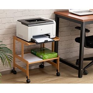 ALIMORDEN Under Desk 2-Tiers Mobile Printer Stand Holder with Storage Shelf , Rolling Cart with Wheels, Bamboo Rack for Home and Office