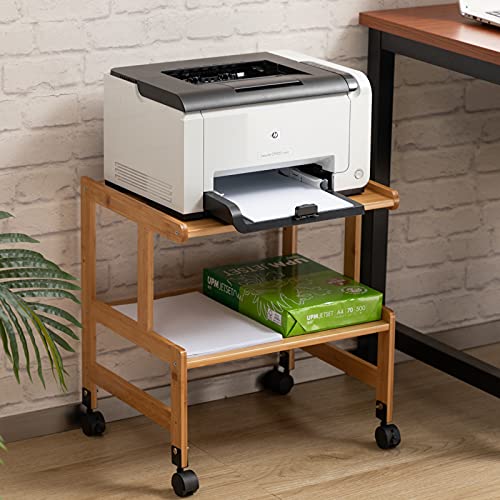 ALIMORDEN Under Desk 2-Tiers Mobile Printer Stand Holder with Storage Shelf , Rolling Cart with Wheels, Bamboo Rack for Home and Office