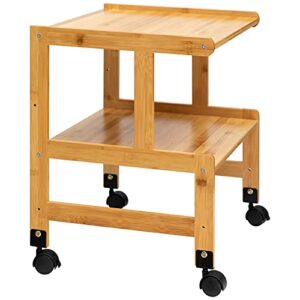 ALIMORDEN Under Desk 2-Tiers Mobile Printer Stand Holder with Storage Shelf , Rolling Cart with Wheels, Bamboo Rack for Home and Office