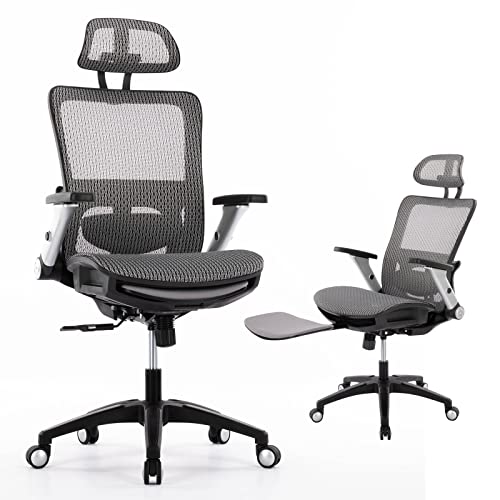 Ergonomic Mesh Office Chair with Footrest, High Back Computer Executive Desk Chair with Headrest and 4D Flip-up Armrests, Adjustable Tilt Lock and Lumbar Support-Grey