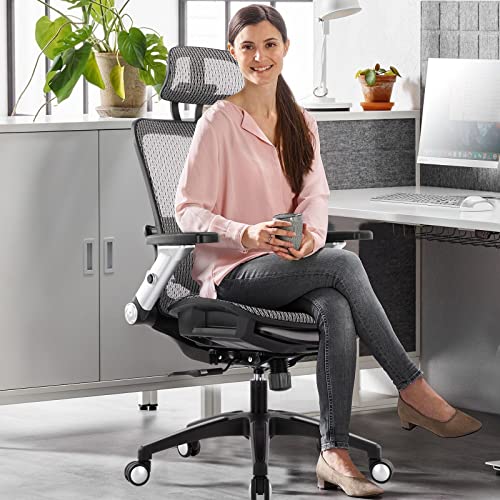 Ergonomic Mesh Office Chair with Footrest, High Back Computer Executive Desk Chair with Headrest and 4D Flip-up Armrests, Adjustable Tilt Lock and Lumbar Support-Grey