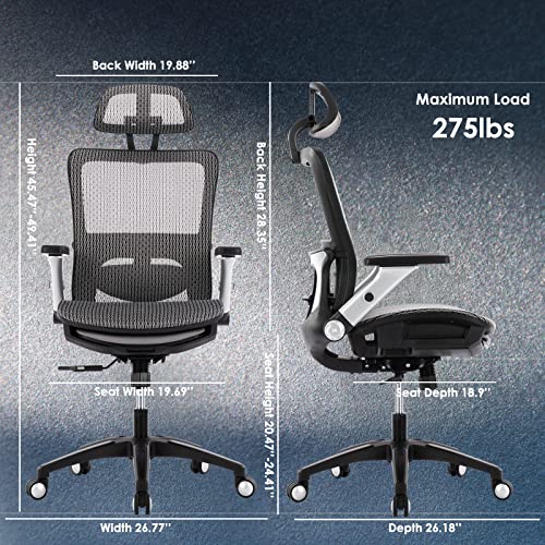 Ergonomic Mesh Office Chair with Footrest, High Back Computer Executive Desk Chair with Headrest and 4D Flip-up Armrests, Adjustable Tilt Lock and Lumbar Support-Grey