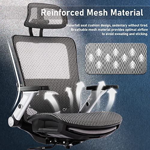 Ergonomic Mesh Office Chair with Footrest, High Back Computer Executive Desk Chair with Headrest and 4D Flip-up Armrests, Adjustable Tilt Lock and Lumbar Support-Grey