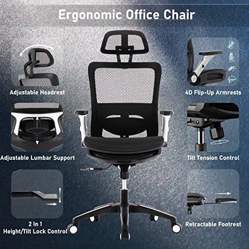 Ergonomic Mesh Office Chair with Footrest, High Back Computer Executive Desk Chair with Headrest and 4D Flip-up Armrests, Adjustable Tilt Lock and Lumbar Support-Grey