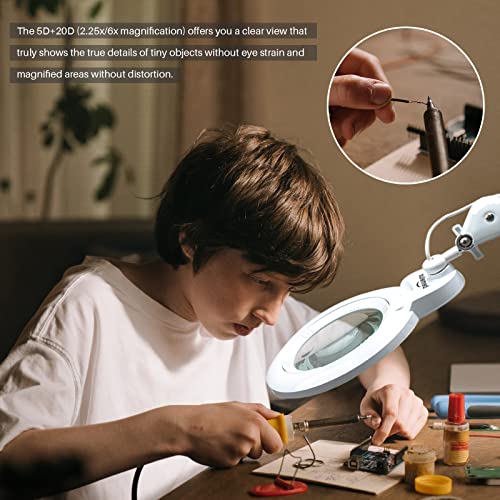 bemelux Bifocals Magnifying Desk Lamp with Clamp, 5 Diopter with 20 Diopter, 6 Inch Detachable Lens and 120PCS LEDs, 3 Color Modes 1200 Lumens Swivel Arm Magnifying Lamp with Light for Crafts