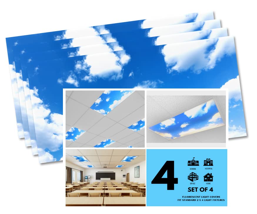 ShadeMAGIC - 4 Pack of Fluorescent Light Covers - 2x4 Film Insert for Ceiling Light Diffuser Panels - Sky Clouds - for Classrooms and Offices - Decorative Lighting (4)