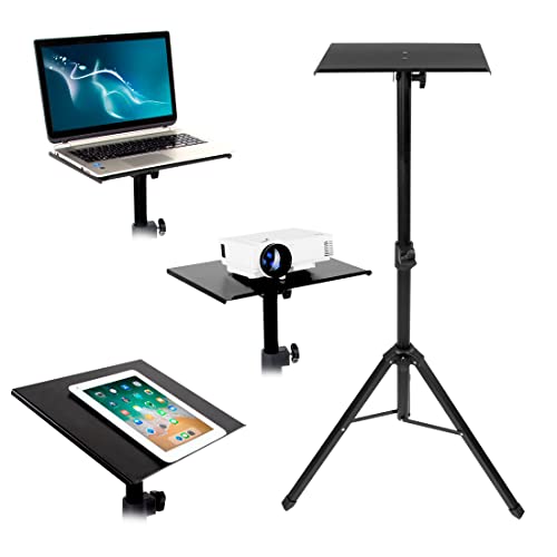 Mount-It! Tripod Projector Stand, Adjustable DJ Laptop Stand with Height and Tilt Adjustment, Portable Laptop Projector Table with Steel Tripod Base and Tray, Black