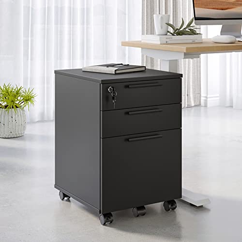 STARY 3 Drawer Wood Fully Assembled Except for Casters Black Rolling Lock Under Desk File Cabinet on Wheels