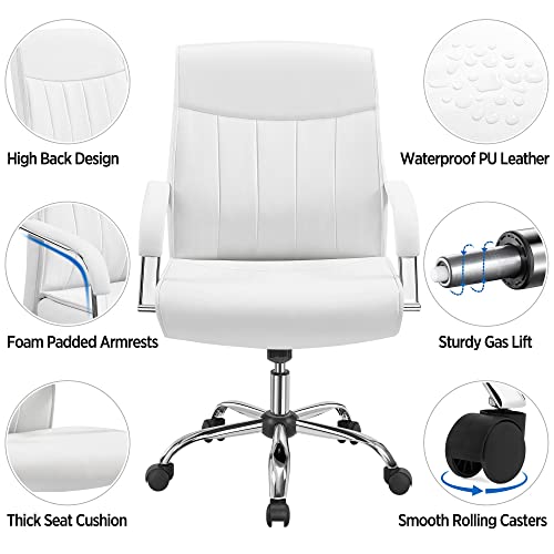 Yaheetech High Back Office Desk Task Chair Executive Conference Leather Chair Ergonomic Managerial Chair Big and Tall Swivel Chair w/Lumbar Support, Padded Armrests, Wide Seat, White