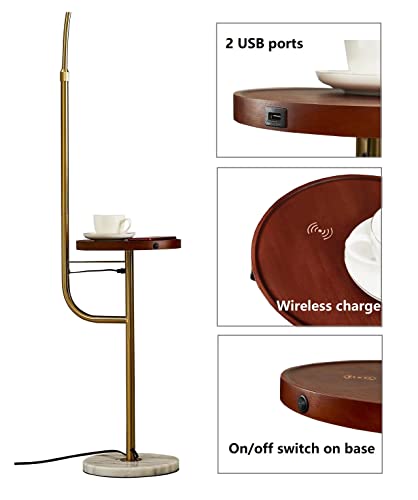 Floor Lamp with Table/Tray,Michideco Bedside Lamp with Double USB Ports and Charger,Great Reading Lamp for Bedroom, Living Room or Office(Gold,Long-arm)