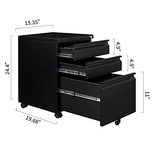 Fesbos 3 Drawers Vertical File Cabinet, Mobile Filling Cabinet with Lock for Legal/Letter Size, Pre-Built Office Storage File Cabinet with Wheels Under Desk