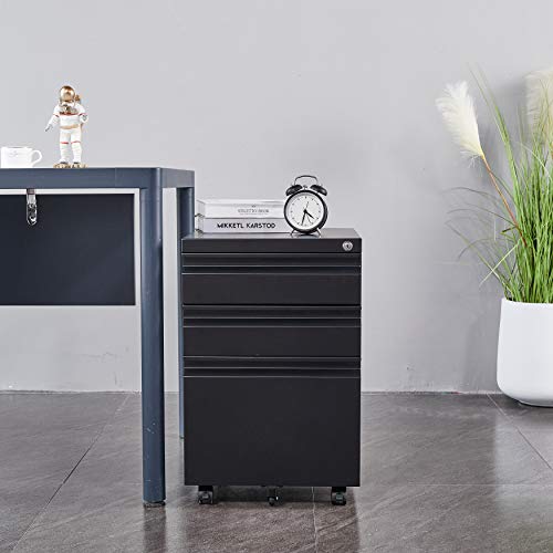 Fesbos 3 Drawers Vertical File Cabinet, Mobile Filling Cabinet with Lock for Legal/Letter Size, Pre-Built Office Storage File Cabinet with Wheels Under Desk