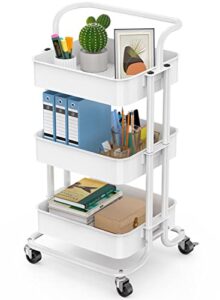 totnz rolling utility cart, 3-tier mesh organization cart with lockable wheels, multi-functional storage trolley for office, living room, kitchen, laundry, bathroom storage, white (tzuc01w)
