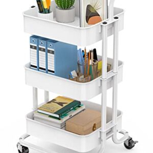 Totnz Rolling Utility Cart, 3-Tier Mesh Organization Cart with Lockable Wheels, Multi-Functional Storage Trolley for Office, Living Room, Kitchen, Laundry, Bathroom Storage, White (TZUC01W)