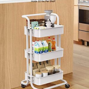 Totnz Rolling Utility Cart, 3-Tier Mesh Organization Cart with Lockable Wheels, Multi-Functional Storage Trolley for Office, Living Room, Kitchen, Laundry, Bathroom Storage, White (TZUC01W)