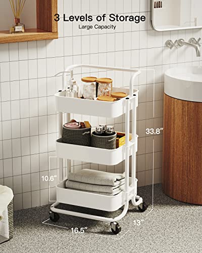 Totnz Rolling Utility Cart, 3-Tier Mesh Organization Cart with Lockable Wheels, Multi-Functional Storage Trolley for Office, Living Room, Kitchen, Laundry, Bathroom Storage, White (TZUC01W)