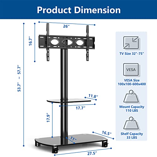 Rfiver Universal Swivel Mobile TV Stand Rolling Cart for 32-75 Inch Flat Screen TV Monitor, Tall TV Stand with Mount and Wheels Portable for Home Office, Max Vesa 600x400 mm