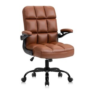 yamasoro office chair home desk chairs with wheels executive pu leather swivel chair with adjustable height and flip-up arms for adult and teens,portable brown