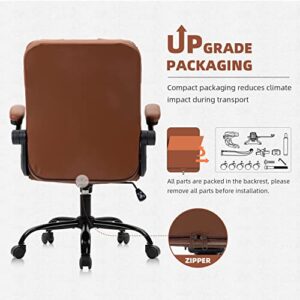 YAMASORO Office Chair Home Desk Chairs with Wheels Executive PU Leather Swivel Chair with Adjustable Height and Flip-up Arms for Adult and Teens,Portable Brown