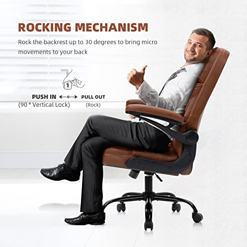 YAMASORO Office Chair Home Desk Chairs with Wheels Executive PU Leather Swivel Chair with Adjustable Height and Flip-up Arms for Adult and Teens,Portable Brown